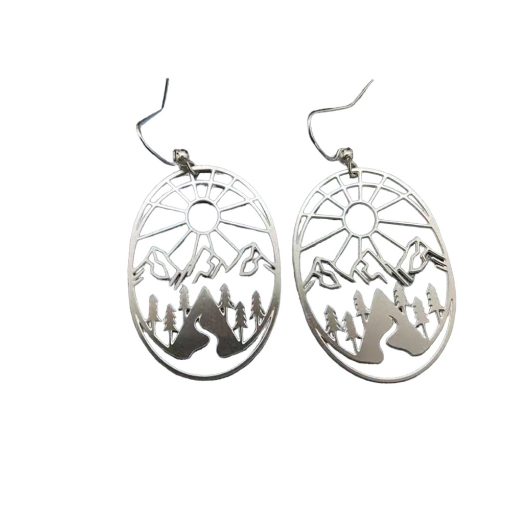 Boho Hollow Cut Metal Oval Mountain Scene Drop Earrings